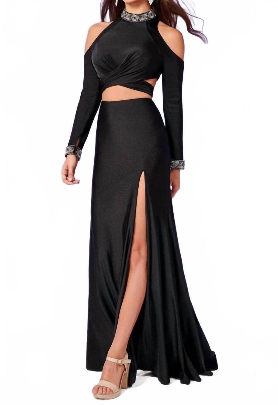 NEW RACHEL ALLAN two-piece cold-shoulder evening gown in black